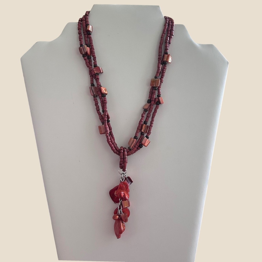 Beaded Necklace Multi-Strand Orange Iridescent Shell Stone Charm Terracotta